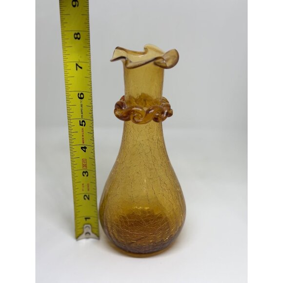 Vintage MCM Amber Blown Art Glass Crackle Vase Ruffled Neck 7.5" Textured Decor - Picture 7 of 7